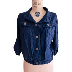 Mine Blue Cotton Linen Blend Cropped 3/4 roll sleeve jacket Size Junior Large